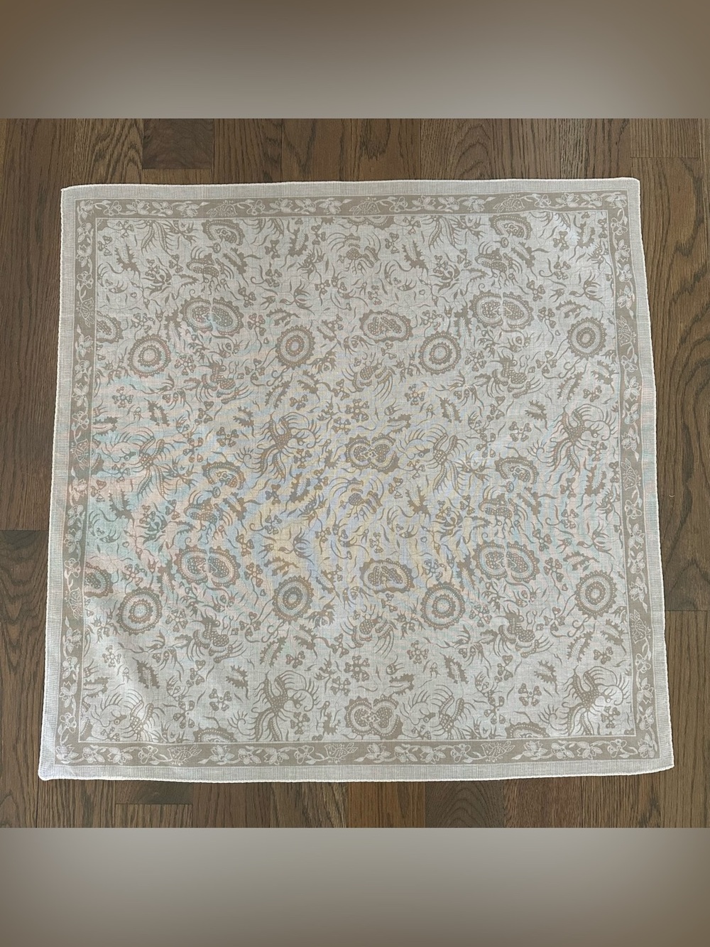 Vintage Cotton Voile Floral and Paisley Print Scarf in White and Tan 26.5" sq - Picture 6 of 8